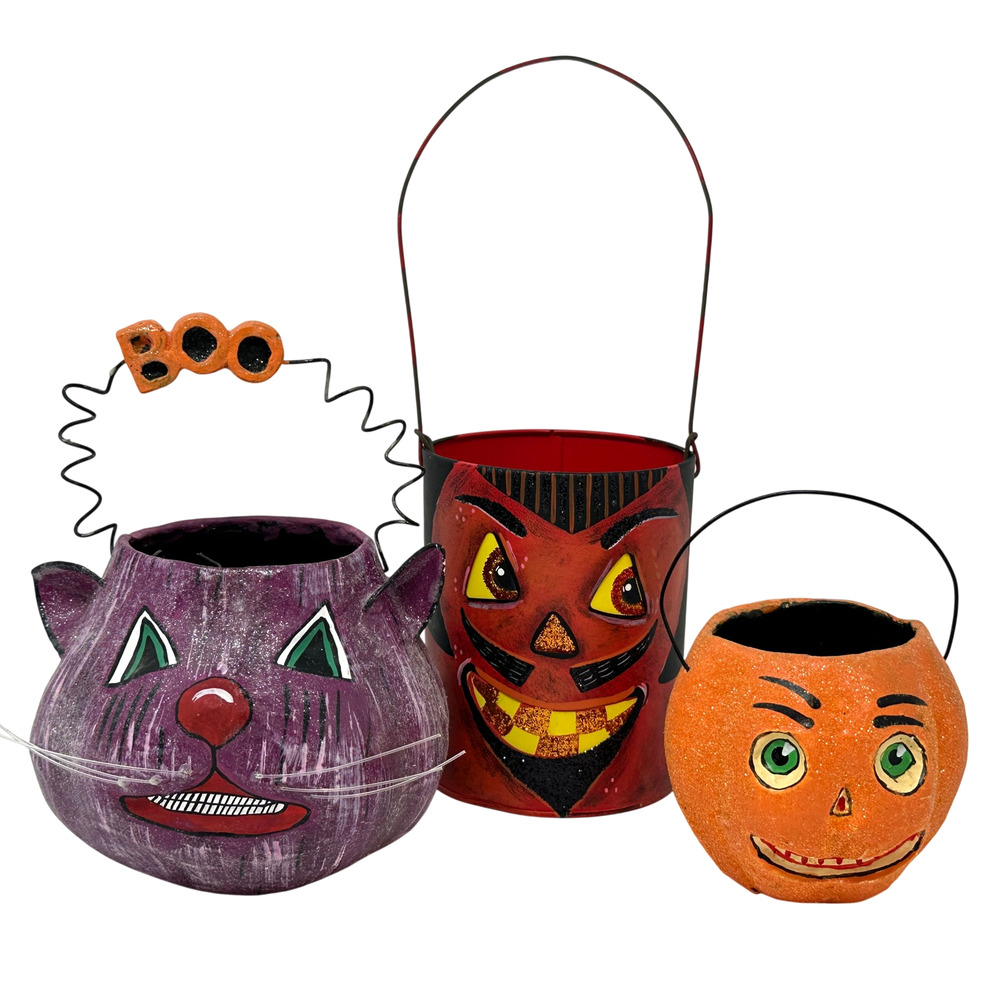 Set of 3 Halloween Buckets Dept 56 Boo Cat Pumpkin Glitterville Flamin Raymond